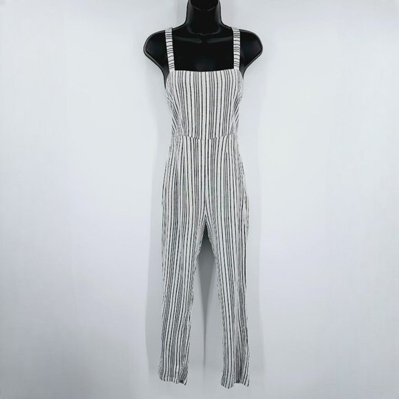 Amuse Society Jumpsuit S Lookout White Grey Stripe Open Tie Back Strappy Cropped - Picture 1 of 15